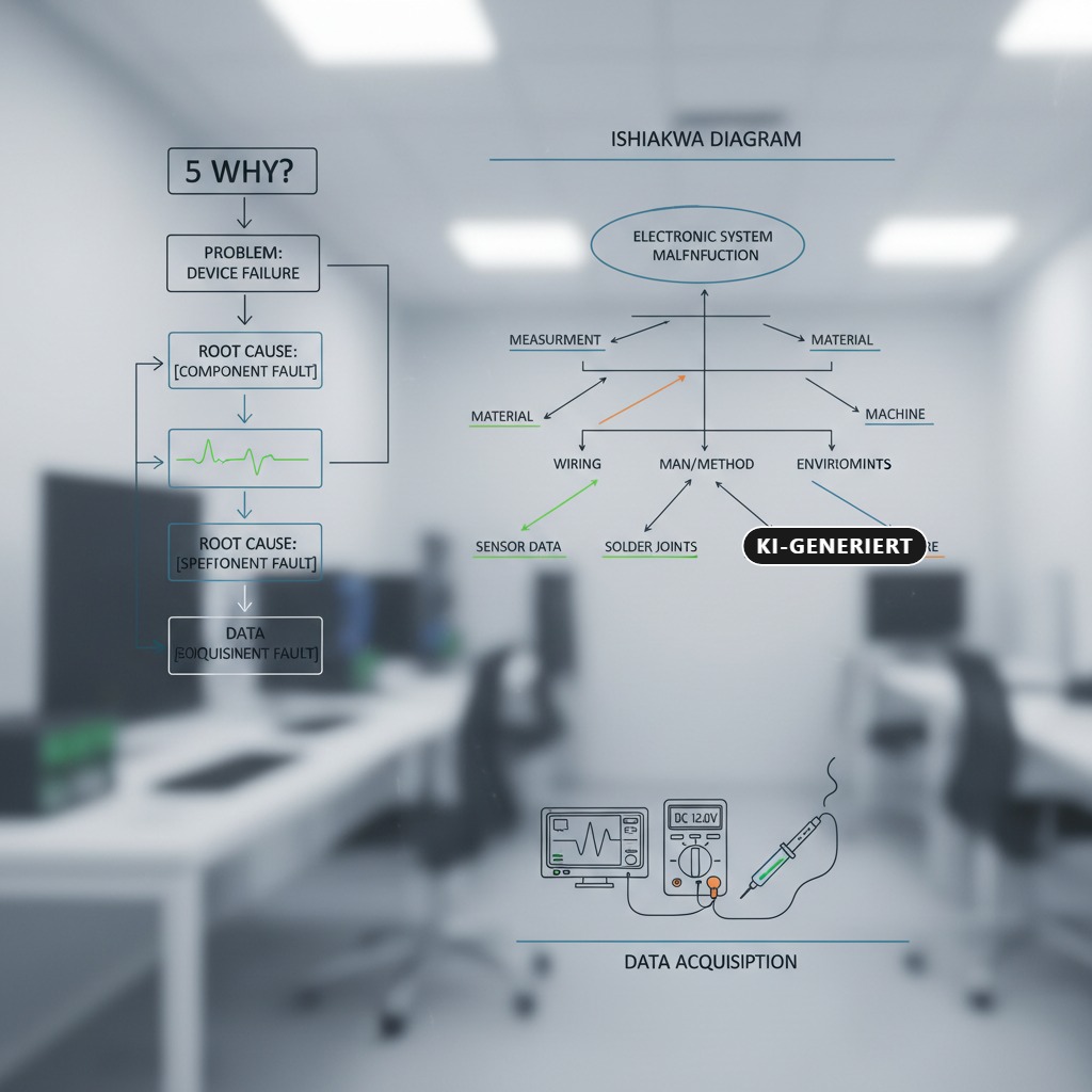KI-generiert: Ein Ishikawa-Diagramm und ein 5-Why-Ablaufdiagramm zur Fehleranalyse in einem Elektroniksystem sind über ein verschwommenes Büro gelegt.